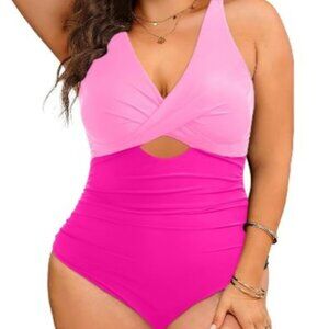 Womens Aqua Eve Plus Size One Piece Swimsuit; Two tone Pink size 16 Plus